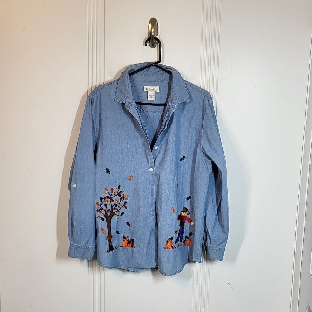 Bechamel Denim Embroidered Button Down Blouse